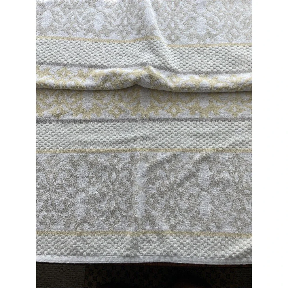 2 PC Towel Set Beau Monde Bath & Wash Cloth Scroll Stripe Neutrals 100% Cotton